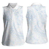 Hawaiian Turtles and Leis Women Sleeveless Polo Shirt Tribal Kakau Pattern Airy White Blue Cloud Vibe