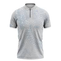 Hawaiian Turtles and Leis Zipper Polo Shirt Tribal Kakau Pattern Airy White Blue Cloud Vibe