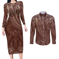 Hawaiian Turtles and Leis Couples Matching Long Sleeve Bodycon Dress and Long Sleeve Button Shirt Tribal Kakau Pattern Mocha Mousse Color LT03 Mocha Mousse - Polynesian Pride