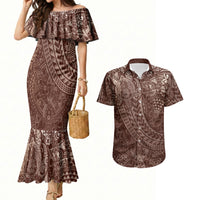 Hawaiian Turtles and Leis Couples Matching Mermaid Dress and Hawaiian Shirt Tribal Kakau Pattern Mocha Mousse Color LT03 Mocha Mousse - Polynesian Pride