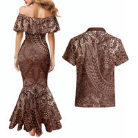 Hawaiian Turtles and Leis Couples Matching Mermaid Dress and Hawaiian Shirt Tribal Kakau Pattern Mocha Mousse Color LT03 - Polynesian Pride