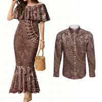 Hawaiian Turtles and Leis Couples Matching Mermaid Dress and Long Sleeve Button Shirt Tribal Kakau Pattern Mocha Mousse Color LT03 Mocha Mousse - Polynesian Pride
