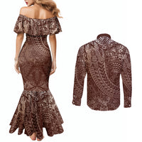 Hawaiian Turtles and Leis Couples Matching Mermaid Dress and Long Sleeve Button Shirt Tribal Kakau Pattern Mocha Mousse Color