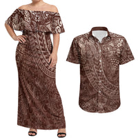 Hawaiian Turtles and Leis Couples Matching Off Shoulder Maxi Dress and Hawaiian Shirt Tribal Kakau Pattern Mocha Mousse Color LT03 Mocha Mousse - Polynesian Pride