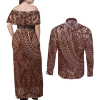 Hawaiian Turtles and Leis Couples Matching Off Shoulder Maxi Dress and Long Sleeve Button Shirt Tribal Kakau Pattern Mocha Mousse Color LT03 - Polynesian Pride