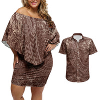 Hawaiian Turtles and Leis Couples Matching Off Shoulder Short Dress and Hawaiian Shirt Tribal Kakau Pattern Mocha Mousse Color LT03 Mocha Mousse - Polynesian Pride