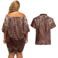 Hawaiian Turtles and Leis Couples Matching Off Shoulder Short Dress and Hawaiian Shirt Tribal Kakau Pattern Mocha Mousse Color