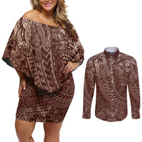 Hawaiian Turtles and Leis Couples Matching Off Shoulder Short Dress and Long Sleeve Button Shirt Tribal Kakau Pattern Mocha Mousse Color