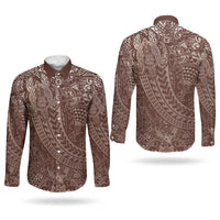 Hawaiian Turtles and Leis Couples Matching Off Shoulder Short Dress and Long Sleeve Button Shirt Tribal Kakau Pattern Mocha Mousse Color LT03 - Polynesian Pride
