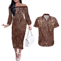 Hawaiian Turtles and Leis Couples Matching Off The Shoulder Long Sleeve Dress and Hawaiian Shirt Tribal Kakau Pattern Mocha Mousse Color LT03 Mocha Mousse - Polynesian Pride
