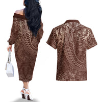 Hawaiian Turtles and Leis Couples Matching Off The Shoulder Long Sleeve Dress and Hawaiian Shirt Tribal Kakau Pattern Mocha Mousse Color LT03 - Polynesian Pride
