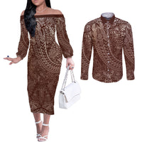 Hawaiian Turtles and Leis Couples Matching Off The Shoulder Long Sleeve Dress and Long Sleeve Button Shirt Tribal Kakau Pattern Mocha Mousse Color