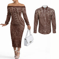 Hawaiian Turtles and Leis Couples Matching Off The Shoulder Long Sleeve Dress and Long Sleeve Button Shirt Tribal Kakau Pattern Mocha Mousse Color LT03 Mocha Mousse - Polynesian Pride