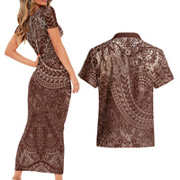 Hawaiian Turtles and Leis Couples Matching Short Sleeve Bodycon Dress and Hawaiian Shirt Tribal Kakau Pattern Mocha Mousse Color LT03 - Polynesian Pride