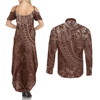 Hawaiian Turtles and Leis Couples Matching Summer Maxi Dress and Long Sleeve Button Shirt Tribal Kakau Pattern Mocha Mousse Color LT03 - Polynesian Pride