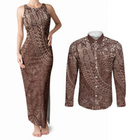 Hawaiian Turtles and Leis Couples Matching Tank Maxi Dress and Long Sleeve Button Shirt Tribal Kakau Pattern Mocha Mousse Color LT03 Mocha Mousse - Polynesian Pride