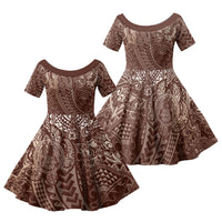 Hawaiian Turtles and Leis Family Matching Off Shoulder Maxi Dress and Hawaiian Shirt Tribal Kakau Pattern Mocha Mousse Color LT03 Daughter's Dress Mocha Mousse - Polynesian Pride