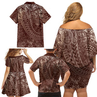Hawaiian Turtles and Leis Family Matching Off Shoulder Short Dress and Hawaiian Shirt Tribal Kakau Pattern Mocha Mousse Color LT03 Mom's Dress Mocha Mousse - Polynesian Pride