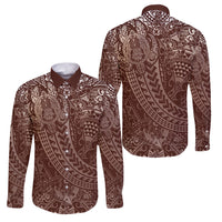 Hawaiian Turtles and Leis Family Matching Off Shoulder Short Dress and Hawaiian Shirt Tribal Kakau Pattern Mocha Mousse Color LT03 Dad's Shirt - Long Sleeve Mocha Mousse - Polynesian Pride
