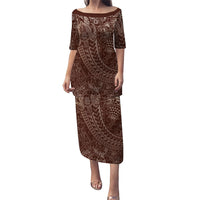 Hawaiian Turtles and Leis Family Matching Puletasi and Hawaiian Shirt Tribal Kakau Pattern Mocha Mousse Color