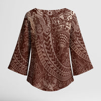 Hawaiian Turtles and Leis Kimono Sleeve Blouse Tribal Kakau Pattern Mocha Mousse Color