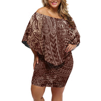 Hawaiian Turtles and Leis Off Shoulder Short Dress Tribal Kakau Pattern Mocha Mousse Color LT03 Women Mocha Mousse - Polynesian Pride