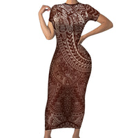 Hawaiian Turtles and Leis Short Sleeve Bodycon Dress Tribal Kakau Pattern Mocha Mousse Color LT03 Long Dress Mocha Mousse - Polynesian Pride