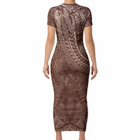 Hawaiian Turtles and Leis Short Sleeve Bodycon Dress Tribal Kakau Pattern Mocha Mousse Color LT03 - Polynesian Pride