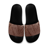 Hawaiian Turtles and Leis Slide Sandals Tribal Kakau Pattern Mocha Mousse Color
