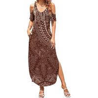 Hawaiian Turtles and Leis Summer Maxi Dress Tribal Kakau Pattern Mocha Mousse Color LT03 Women Mocha Mousse - Polynesian Pride