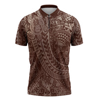 Hawaiian Turtles and Leis Zipper Polo Shirt Tribal Kakau Pattern Mocha Mousse Color LT03 Mocha Mousse - Polynesian Pride