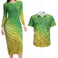 Hawaiian Turtles and Leis Couples Matching Long Sleeve Bodycon Dress and Hawaiian Shirt Tribal Kakau Pattern Fresh Summer Vibe LT03 Green - Polynesian Pride