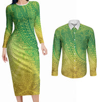 Hawaiian Turtles and Leis Couples Matching Long Sleeve Bodycon Dress and Long Sleeve Button Shirt Tribal Kakau Pattern Fresh Summer Vibe LT03 Green - Polynesian Pride
