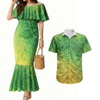 Hawaiian Turtles and Leis Couples Matching Mermaid Dress and Hawaiian Shirt Tribal Kakau Pattern Fresh Summer Vibe LT03 Green - Polynesian Pride