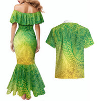 Hawaiian Turtles and Leis Couples Matching Mermaid Dress and Hawaiian Shirt Tribal Kakau Pattern Fresh Summer Vibe