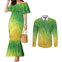 Hawaiian Turtles and Leis Couples Matching Mermaid Dress and Long Sleeve Button Shirt Tribal Kakau Pattern Fresh Summer Vibe
