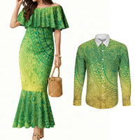 Hawaiian Turtles and Leis Couples Matching Mermaid Dress and Long Sleeve Button Shirt Tribal Kakau Pattern Fresh Summer Vibe LT03 Green - Polynesian Pride