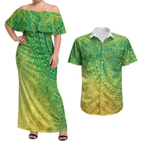 Hawaiian Turtles and Leis Couples Matching Off Shoulder Maxi Dress and Hawaiian Shirt Tribal Kakau Pattern Fresh Summer Vibe LT03 Green - Polynesian Pride