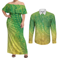Hawaiian Turtles and Leis Couples Matching Off Shoulder Maxi Dress and Long Sleeve Button Shirt Tribal Kakau Pattern Fresh Summer Vibe LT03 Green - Polynesian Pride