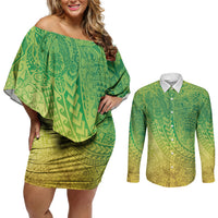 Hawaiian Turtles and Leis Couples Matching Off Shoulder Short Dress and Long Sleeve Button Shirt Tribal Kakau Pattern Fresh Summer Vibe LT03 Green - Polynesian Pride