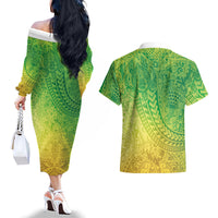 Hawaiian Turtles and Leis Couples Matching Off The Shoulder Long Sleeve Dress and Hawaiian Shirt Tribal Kakau Pattern Fresh Summer Vibe LT03 - Polynesian Pride