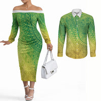 Hawaiian Turtles and Leis Couples Matching Off The Shoulder Long Sleeve Dress and Long Sleeve Button Shirt Tribal Kakau Pattern Fresh Summer Vibe LT03 Green - Polynesian Pride