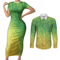 Hawaiian Turtles and Leis Couples Matching Short Sleeve Bodycon Dress and Long Sleeve Button Shirt Tribal Kakau Pattern Fresh Summer Vibe LT03 Green - Polynesian Pride
