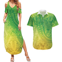 Hawaiian Turtles and Leis Couples Matching Summer Maxi Dress and Hawaiian Shirt Tribal Kakau Pattern Fresh Summer Vibe