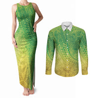 Hawaiian Turtles and Leis Couples Matching Tank Maxi Dress and Long Sleeve Button Shirt Tribal Kakau Pattern Fresh Summer Vibe LT03 Green - Polynesian Pride
