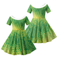 Hawaiian Turtles and Leis Family Matching Mermaid Dress and Hawaiian Shirt Tribal Kakau Pattern Fresh Summer Vibe LT03 Daughter's Dress Green - Polynesian Pride