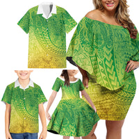 Hawaiian Turtles and Leis Family Matching Off Shoulder Short Dress and Hawaiian Shirt Tribal Kakau Pattern Fresh Summer Vibe
