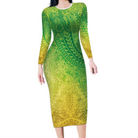 Hawaiian Turtles and Leis Long Sleeve Bodycon Dress Tribal Kakau Pattern Fresh Summer Vibe LT03 Long Dress Green - Polynesian Pride