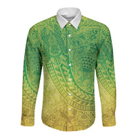 Hawaiian Turtles and Leis Long Sleeve Button Shirt Tribal Kakau Pattern Fresh Summer Vibe LT03 Unisex Green - Polynesian Pride
