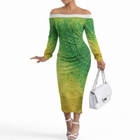 Hawaiian Turtles and Leis Off The Shoulder Long Sleeve Dress Tribal Kakau Pattern Fresh Summer Vibe LT03 Women Green - Polynesian Pride